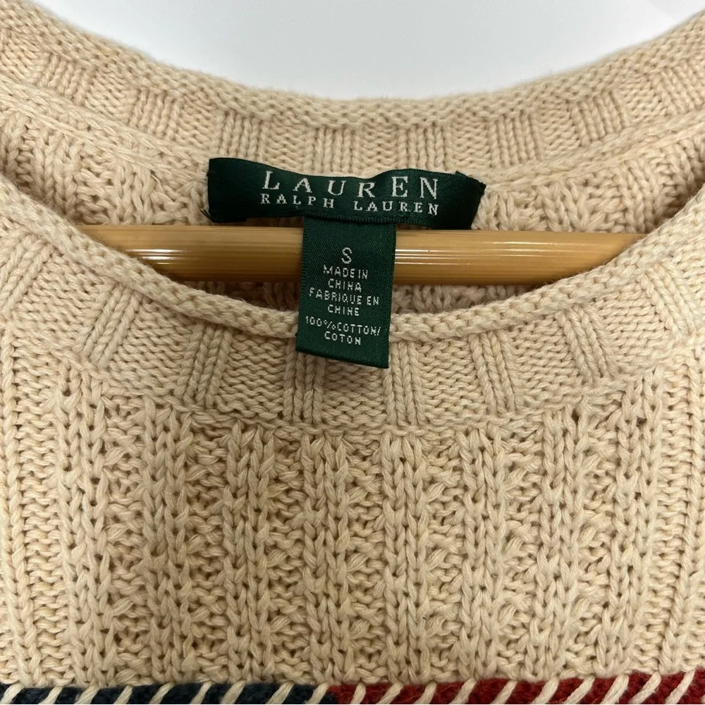 Ralph Lauren Cream Cable Knit Crewneck Sweater with Flag Patch - Picture 3 of 6